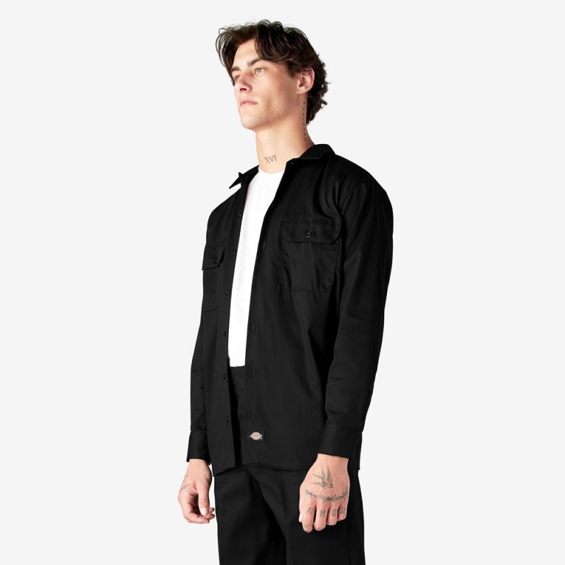 Black Men's Dickies Long Sleeve Work Shirts | OFC317658