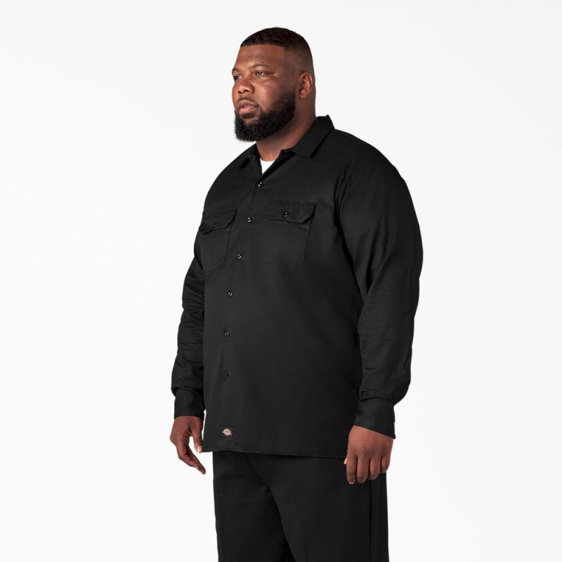 Black Men's Dickies Long Sleeve Work Shirts | OFC317658