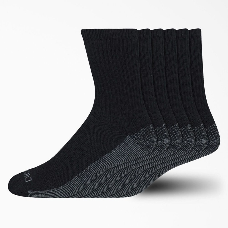 Black Men\'s Dickies Moisture Control Mid-Crew 6-Pack Socks | EMA396405