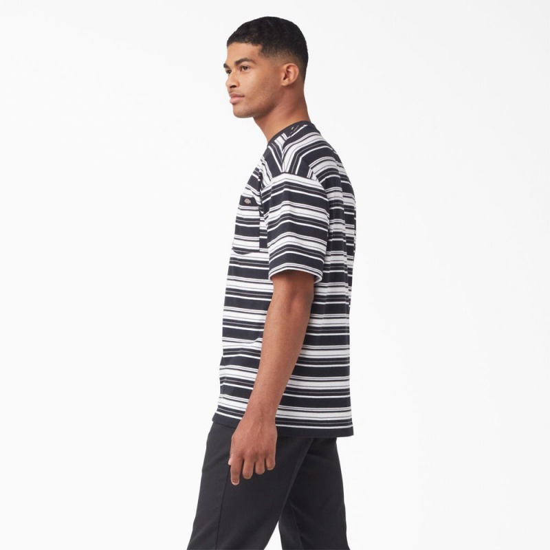 Black Men's Dickies Relaxed Fit Striped Pocket T-Shirt | GEQ043765