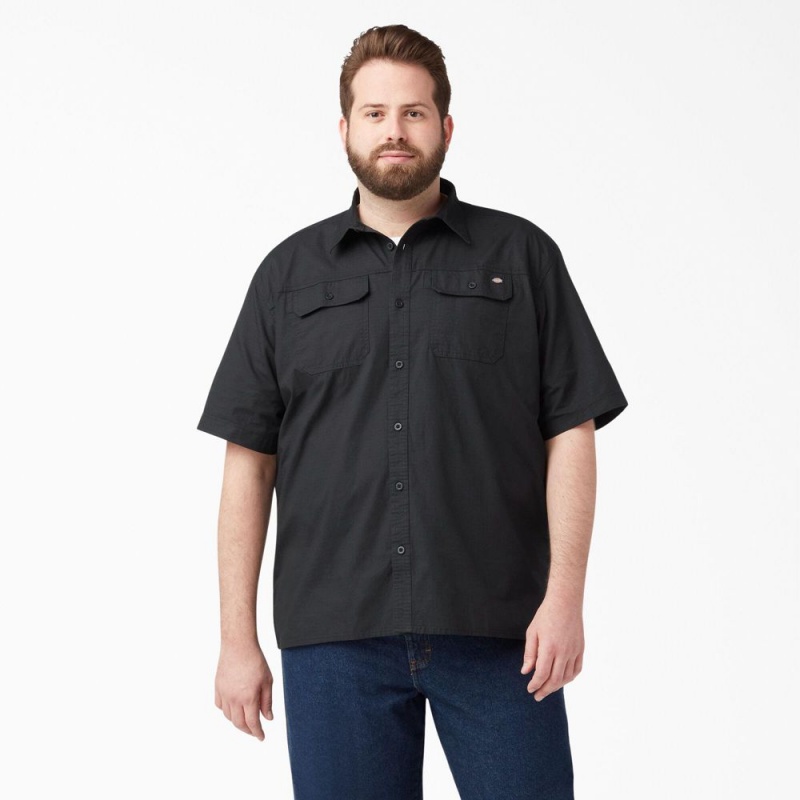 Black Men's Dickies Short Sleeve Ripstop Work Shirts | DRT574123