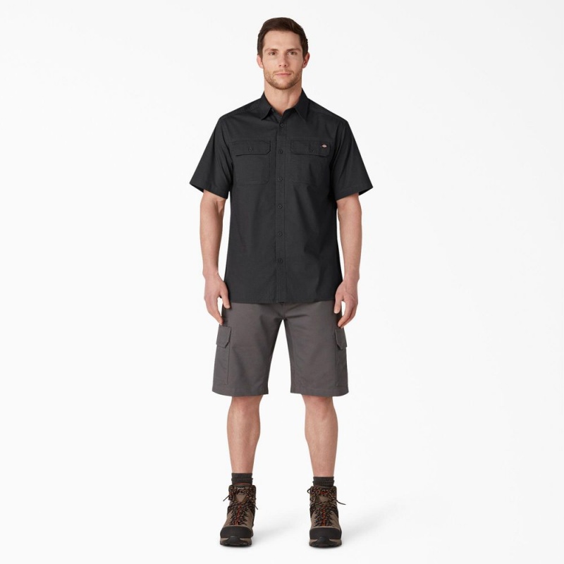 Black Men's Dickies Short Sleeve Ripstop Work Shirts | DRT574123