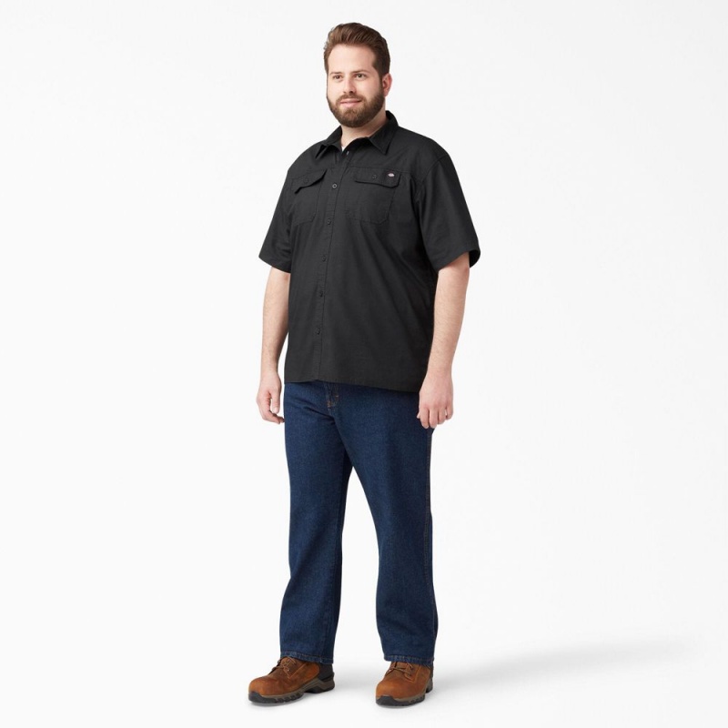 Black Men's Dickies Short Sleeve Ripstop Work Shirts | DRT574123