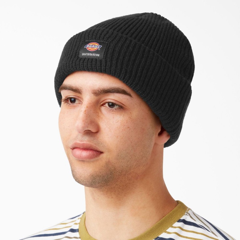 Black Men\'s Dickies Skateboarding Cuffed Beanie | CRD708163