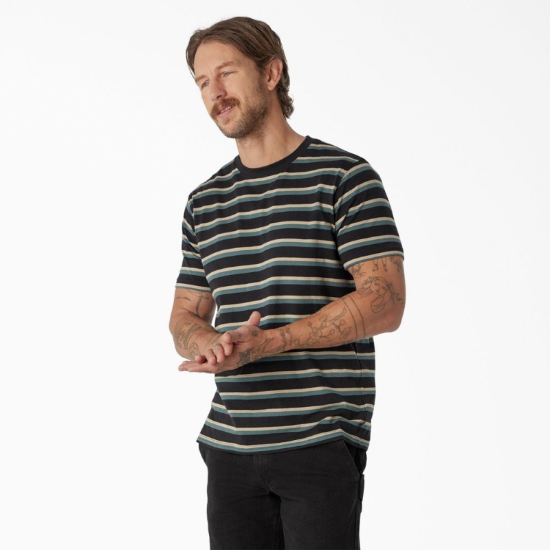 Black Men's Dickies Skateboarding Striped T-Shirt | LZF796250