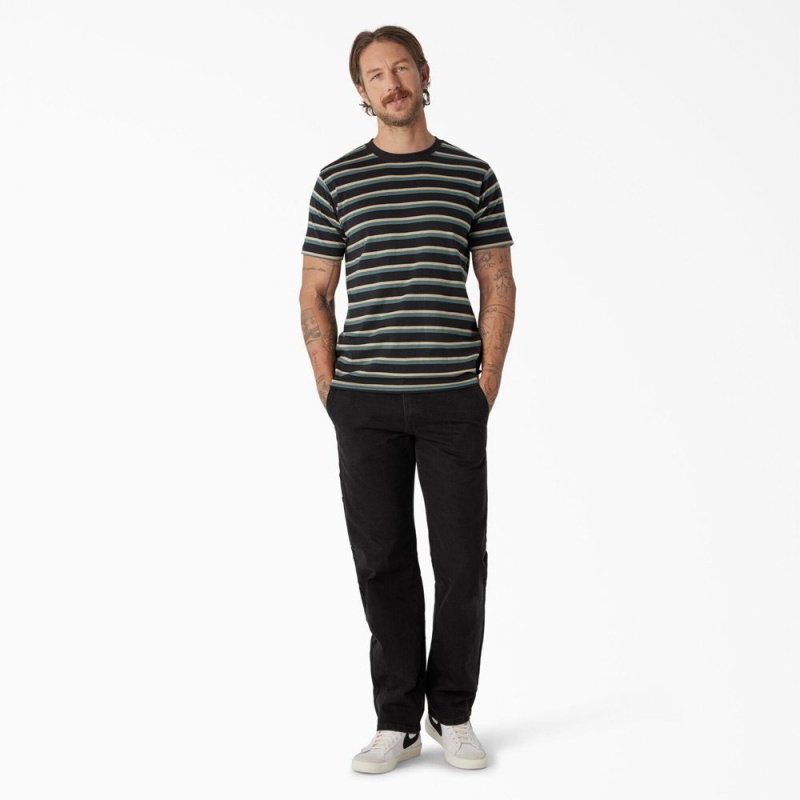 Black Men's Dickies Skateboarding Striped T-Shirt | LZF796250