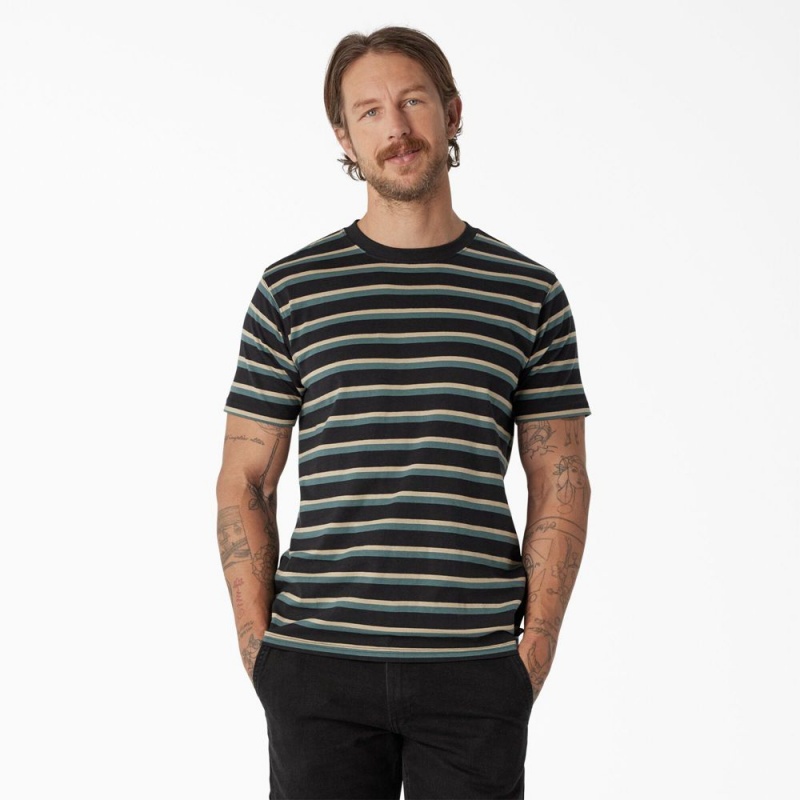 Black Men\'s Dickies Skateboarding Striped T-Shirt | LZF796250