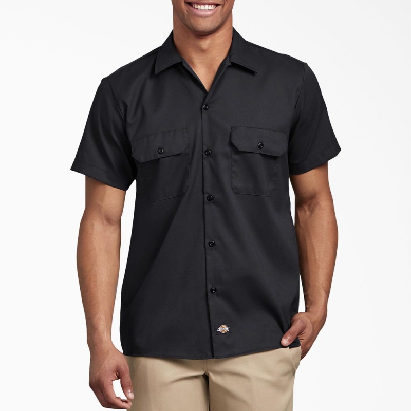 Black Men\'s Dickies Slim Fit Short Sleeve Work Shirts | UTY129784