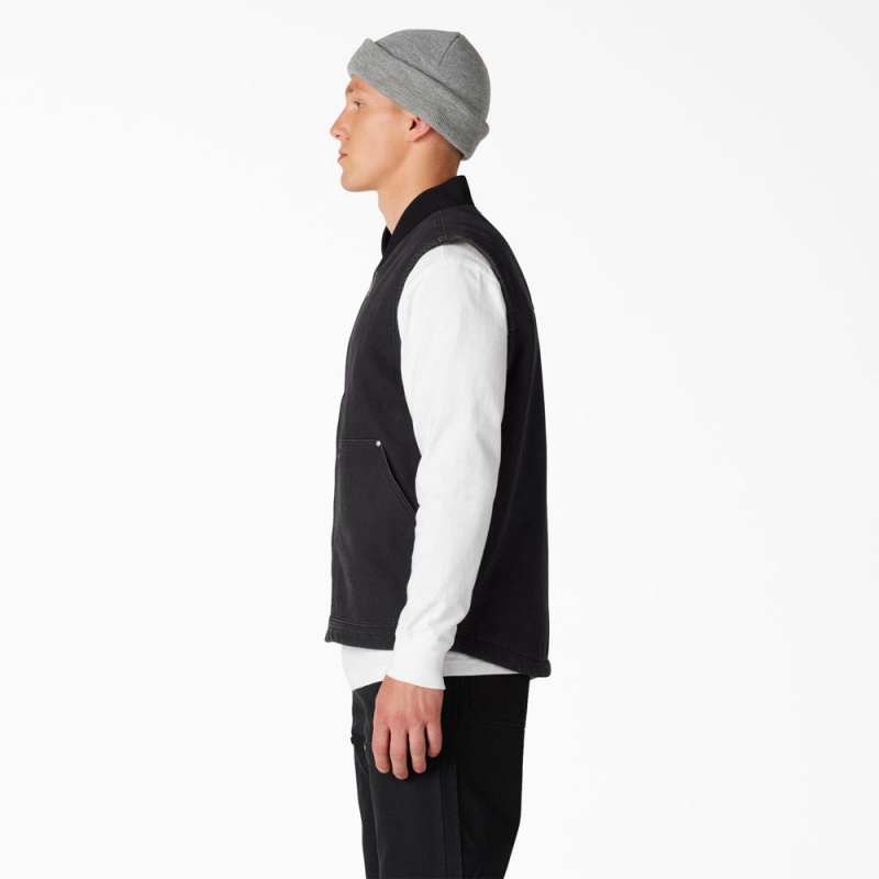 Black Men's Dickies Stonewashed Duck High Pile Fleece Lined Vest | BQA263849