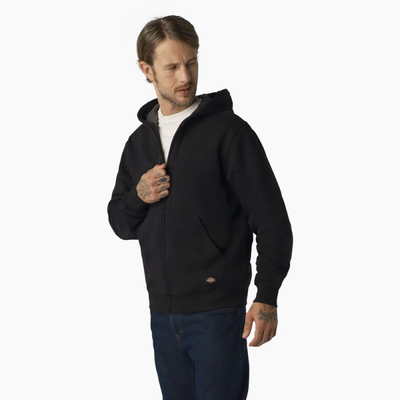 Black Men's Dickies Thermal Lined Full-Zip Fleece Hoodie | YWF849063