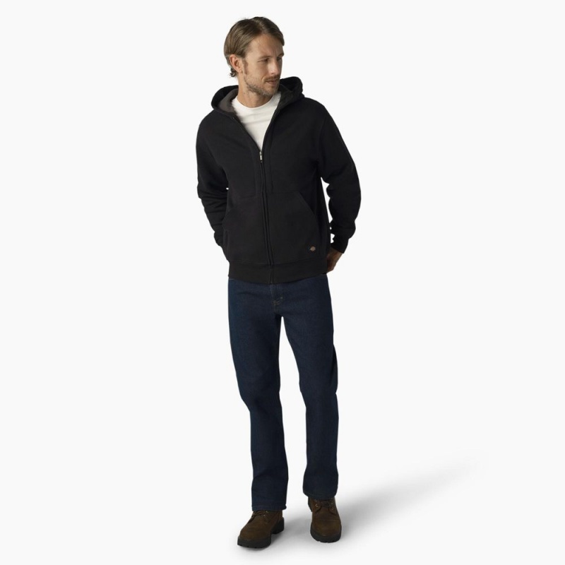 Black Men's Dickies Thermal Lined Full-Zip Fleece Hoodie | YWF849063