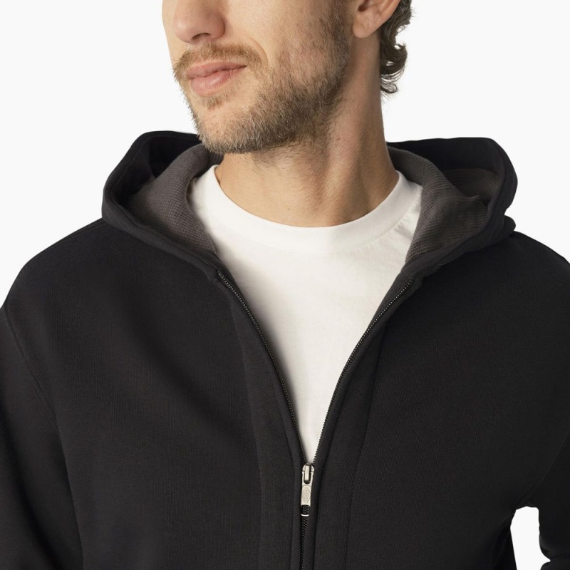 Black Men's Dickies Thermal Lined Full-Zip Fleece Hoodie | YWF849063