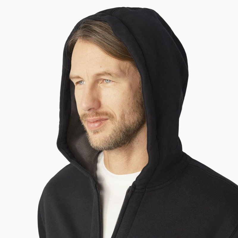 Black Men's Dickies Thermal Lined Full-Zip Fleece Hoodie | YWF849063