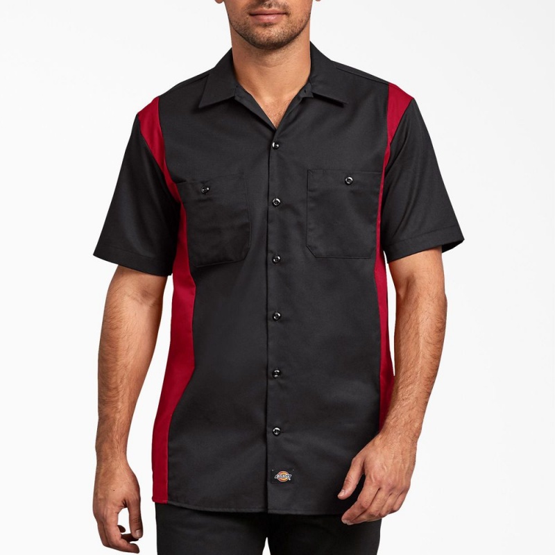 Black Men\'s Dickies Two-Tone Short Sleeve Work Shirts | APF652081