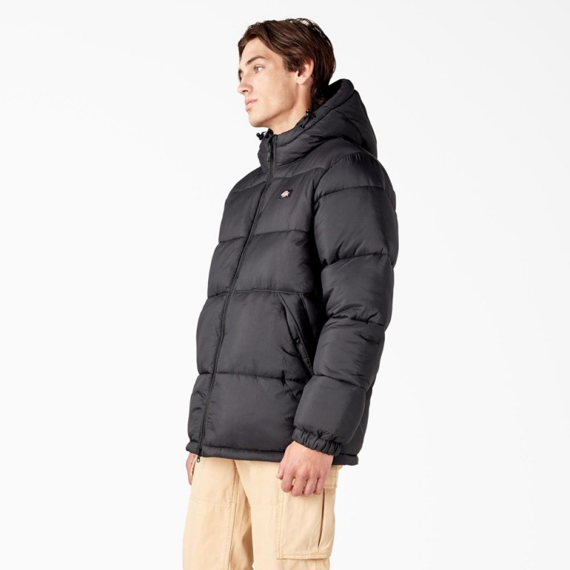 Black Men's Dickies Waldenburg Hooded Puffer Jacket | ZIQ653479