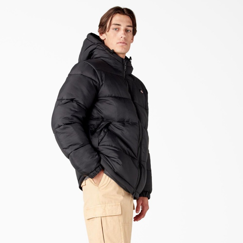 Black Men's Dickies Waldenburg Hooded Puffer Jacket | ZIQ653479