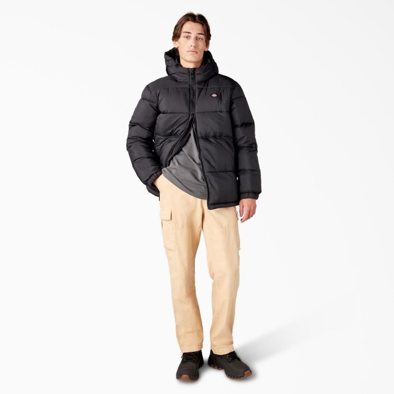 Black Men's Dickies Waldenburg Hooded Puffer Jacket | ZIQ653479