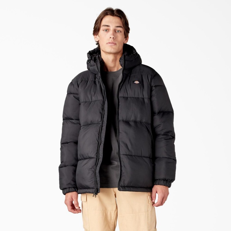 Black Men\'s Dickies Waldenburg Hooded Puffer Jacket | ZIQ653479