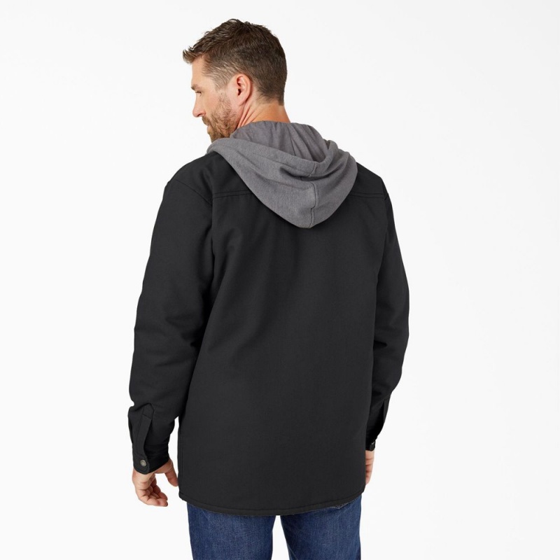 Black Men's Dickies Water Repellent Duck Hooded Shirt Jacket | DIW204397