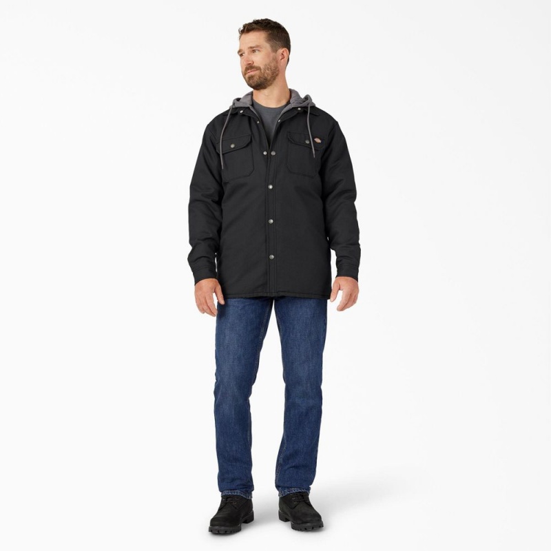 Black Men's Dickies Water Repellent Duck Hooded Shirt Jacket | DIW204397