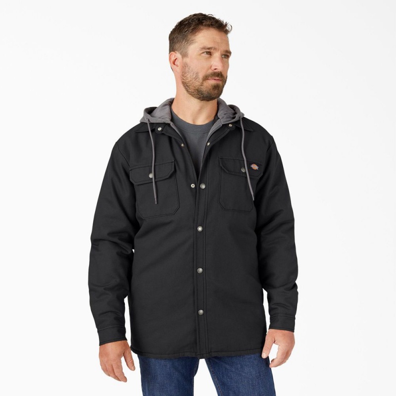 Black Men\'s Dickies Water Repellent Duck Hooded Shirt Jacket | DIW204397