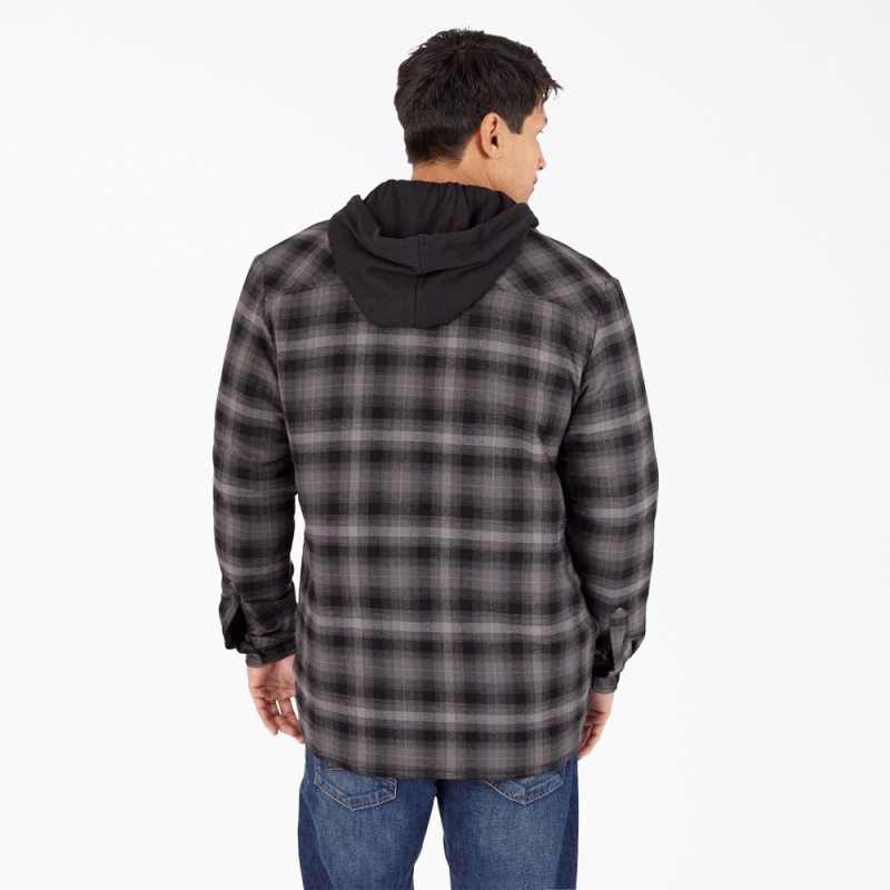 Black Men's Dickies Water Repellent Flannel Hooded Shirt Jacket | MZH012659