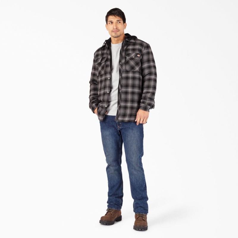 Black Men's Dickies Water Repellent Flannel Hooded Shirt Jacket | MZH012659