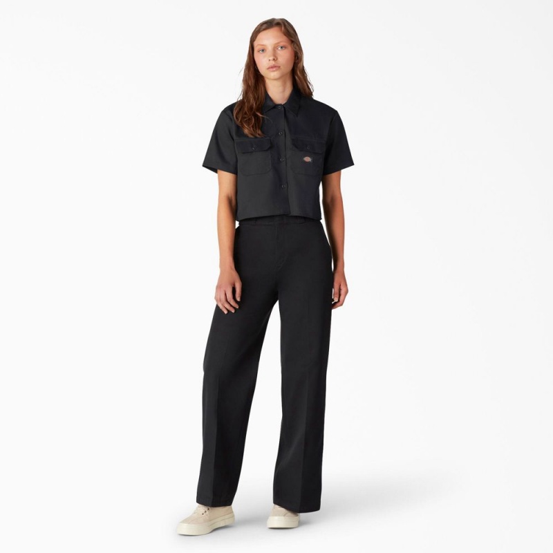 Black Women's Dickies Cropped Work Shirts | RXP702581