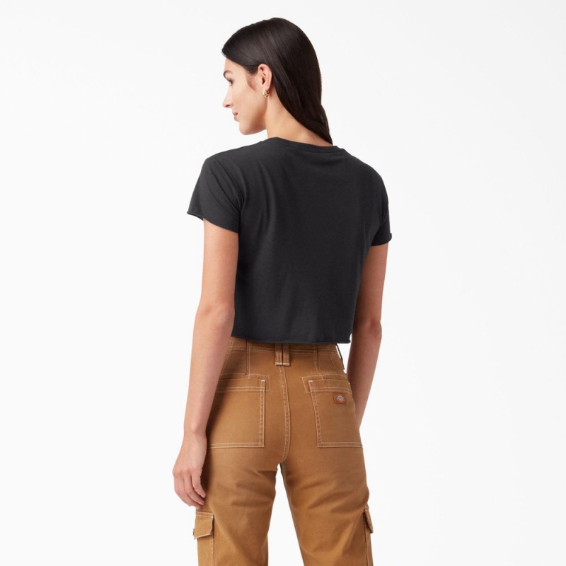 Black Women's Dickies Distressed Logo Cropped T-Shirt | PUB026819