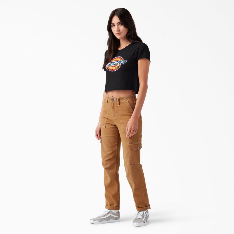 Black Women's Dickies Distressed Logo Cropped T-Shirt | PUB026819