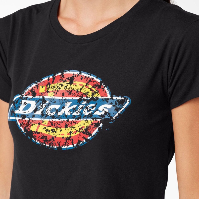 Black Women's Dickies Distressed Logo Cropped T-Shirt | PUB026819