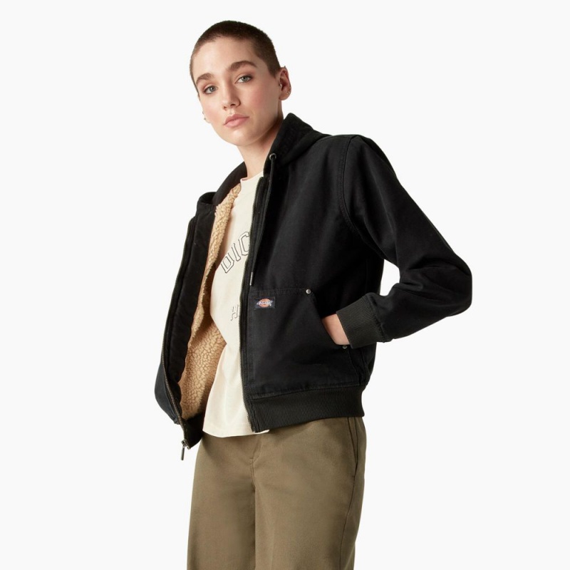 Black Women's Dickies Duck Canvas Fleece Lined Jacket | NKS674218