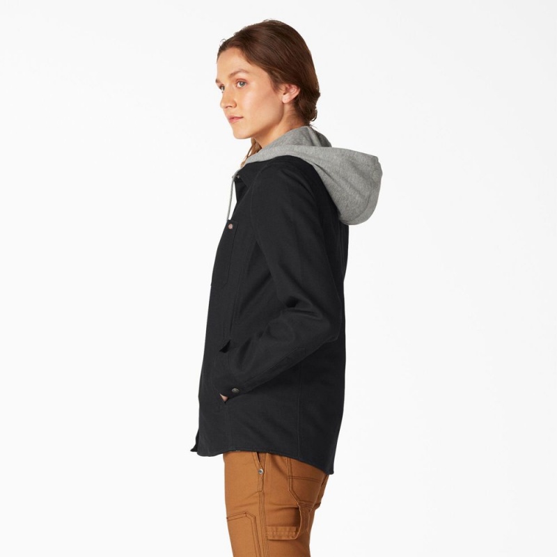 Black Women's Dickies Duck Hooded Shirt Jacket | PGK501823