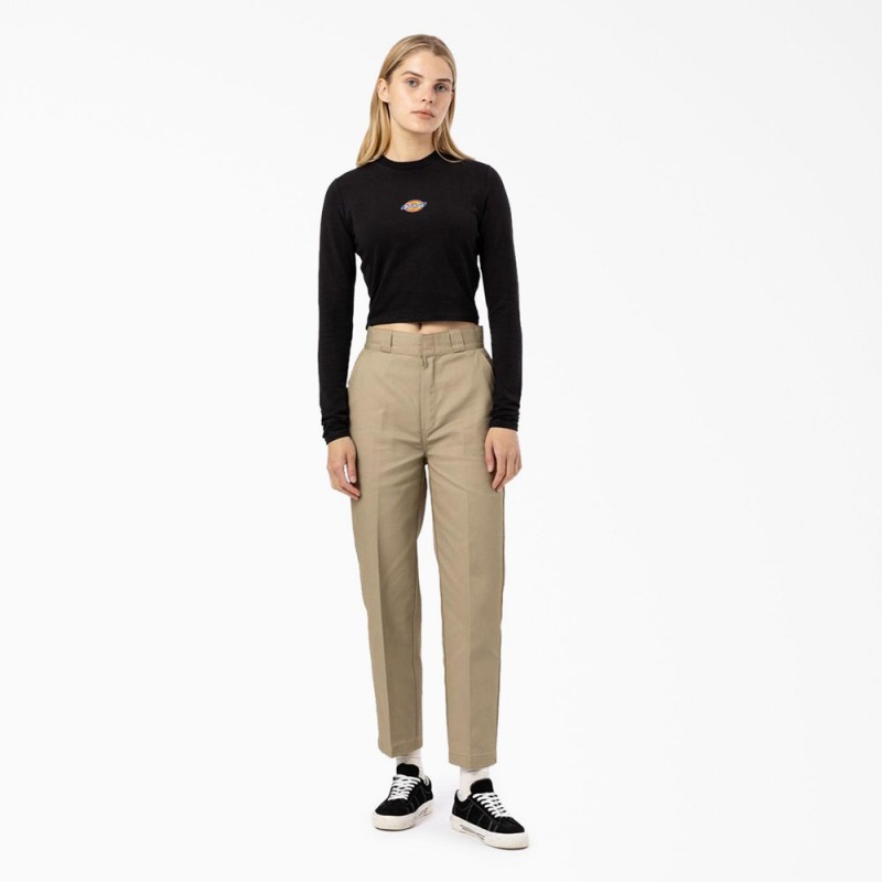 Black Women's Dickies Maple Valley Logo Long Sleeve Cropped T-Shirt | VCL750392