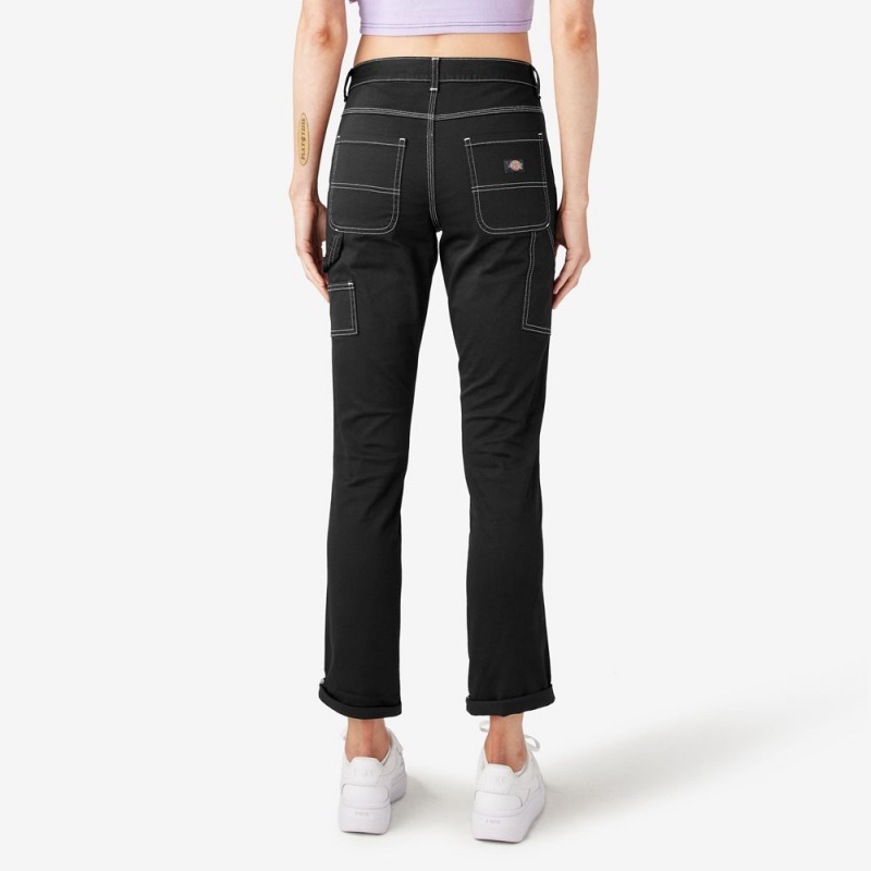 Black Women's Dickies Slim Straight Fit Roll Hem Carpenter Pants | QKX405231