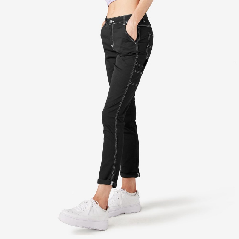 Black Women's Dickies Slim Straight Fit Roll Hem Carpenter Pants | QKX405231