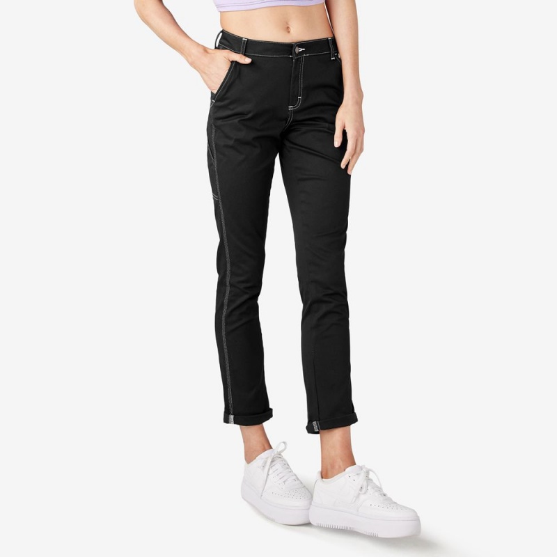 Black Women's Dickies Slim Straight Fit Roll Hem Carpenter Pants | QKX405231