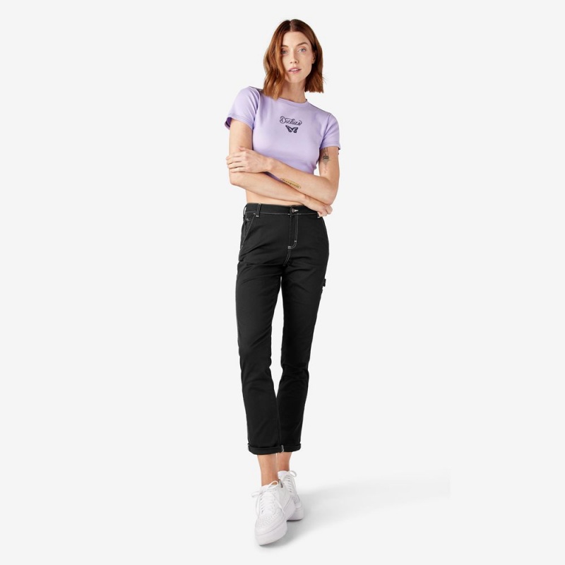 Black Women's Dickies Slim Straight Fit Roll Hem Carpenter Pants | QKX405231