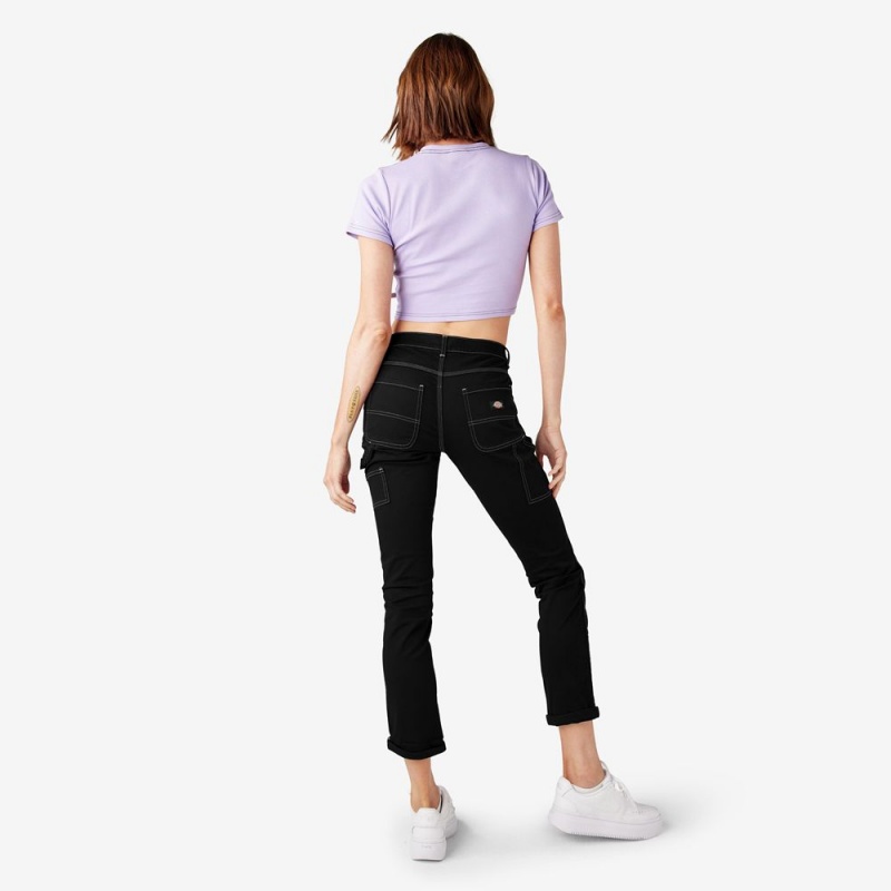 Black Women's Dickies Slim Straight Fit Roll Hem Carpenter Pants | QKX405231