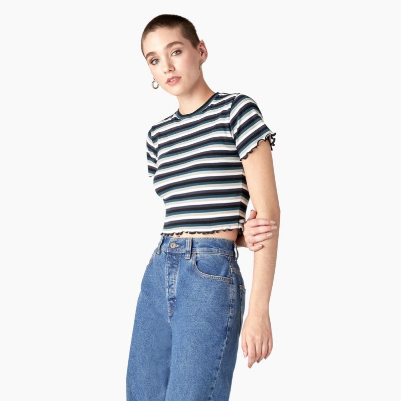 Black Women's Dickies Striped Cropped Baby T-Shirt | GAV392704