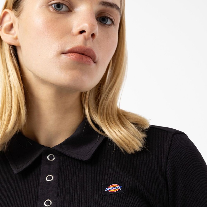 Black Women's Dickies Tallasee Long Sleeve Cropped Polo Shirt | PLC189637