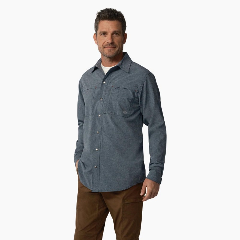 Blue Men's Dickies Cooling Long Sleeve Work Shirts | IQF870625