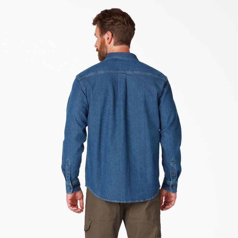 Blue Men's Dickies FLEX Denim Long Sleeve Shirt | HDB576901