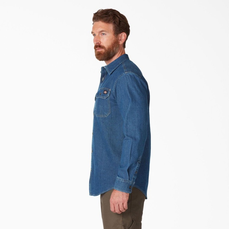 Blue Men's Dickies FLEX Denim Long Sleeve Shirt | HDB576901