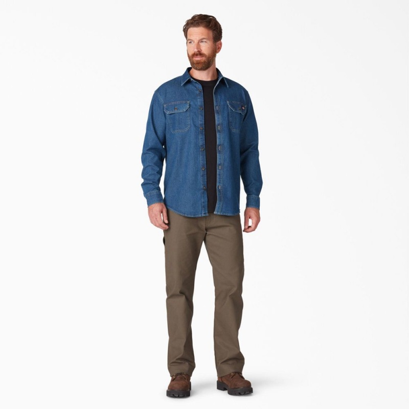 Blue Men's Dickies FLEX Denim Long Sleeve Shirt | HDB576901