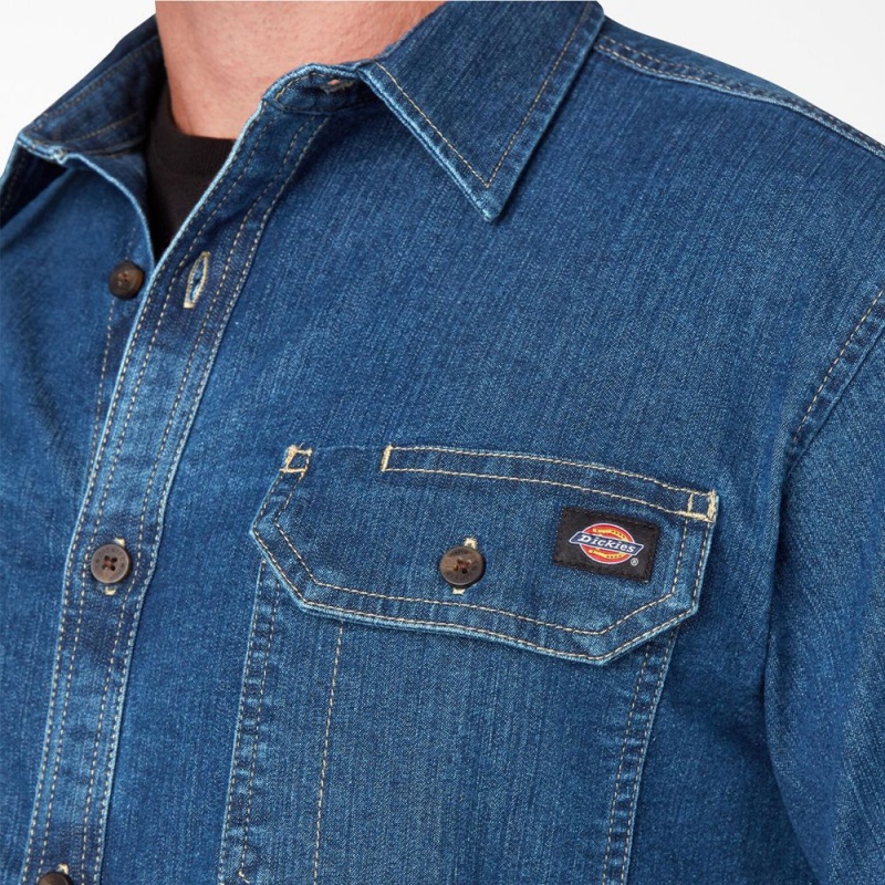 Blue Men's Dickies FLEX Denim Long Sleeve Shirt | HDB576901