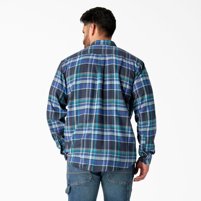 Blue Men's Dickies FLEX Long Sleeve Flannel Shirt | VLE873540