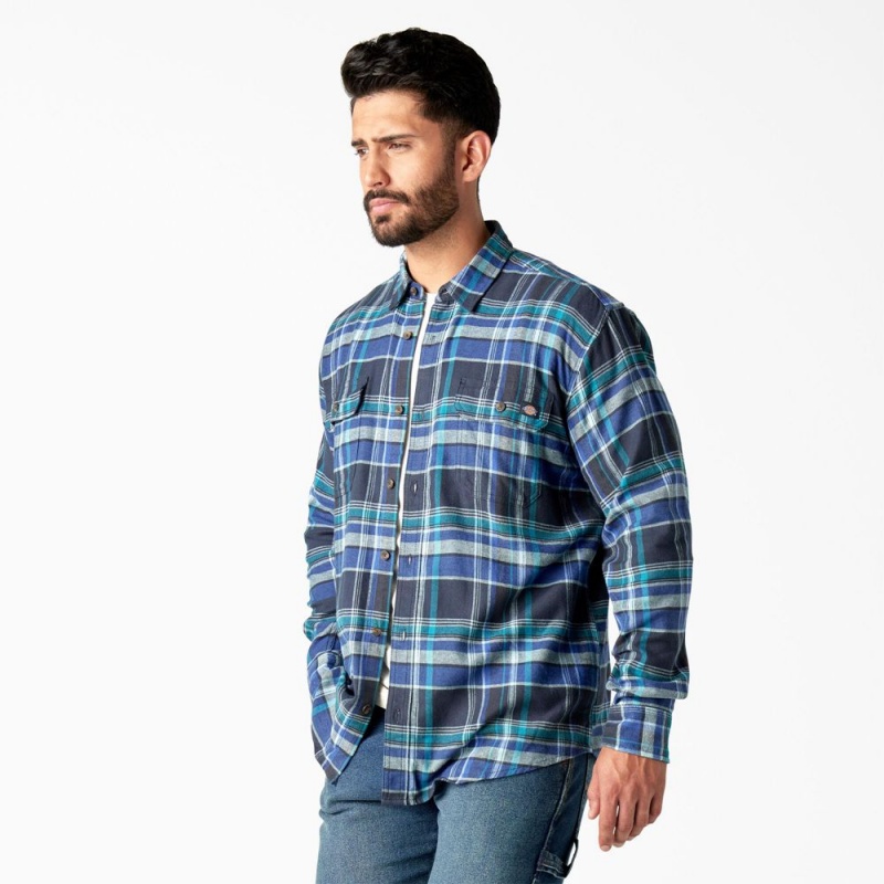 Blue Men's Dickies FLEX Long Sleeve Flannel Shirt | VLE873540