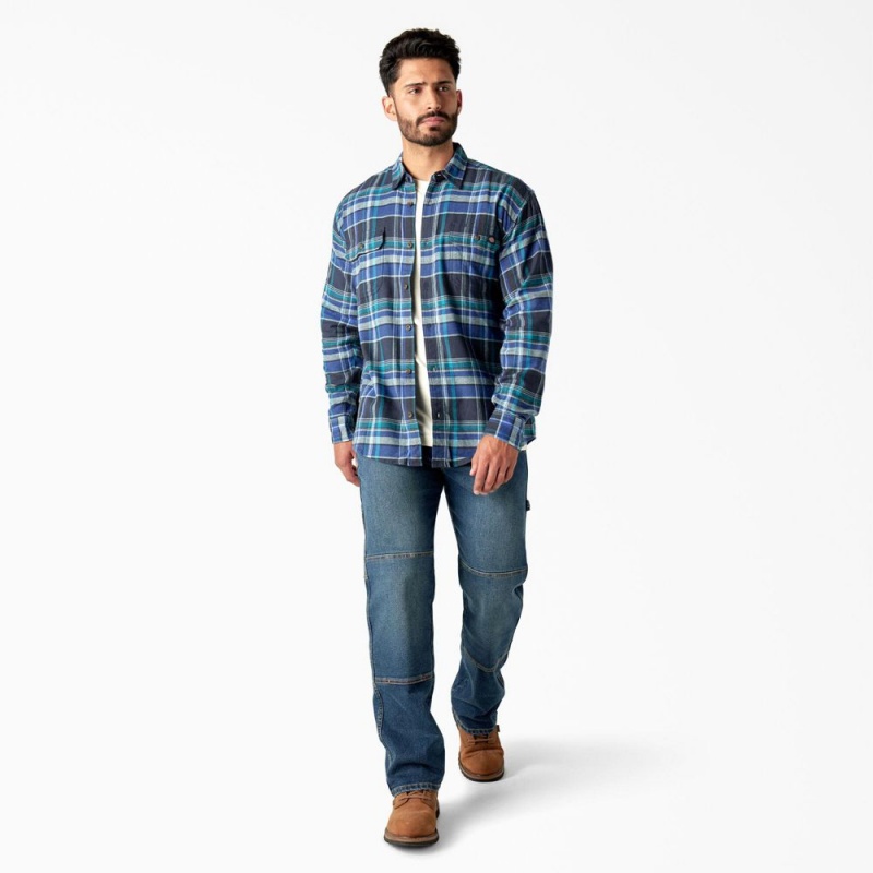 Blue Men's Dickies FLEX Long Sleeve Flannel Shirt | VLE873540