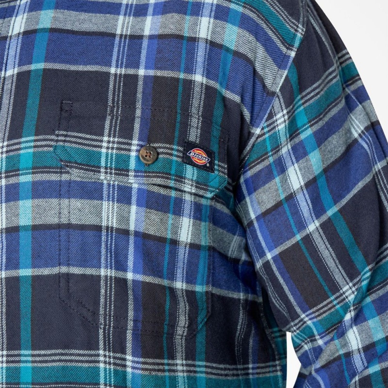 Blue Men's Dickies FLEX Long Sleeve Flannel Shirt | VLE873540